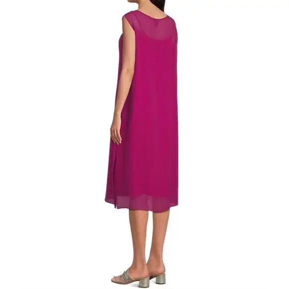Eileen Fisher Sheer Silk Georgette Boat Neck Sleeveless Midi Dress Sangria L NWT Midi